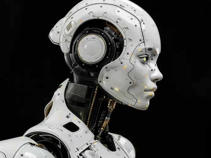 A white robot is standing in front of a black background